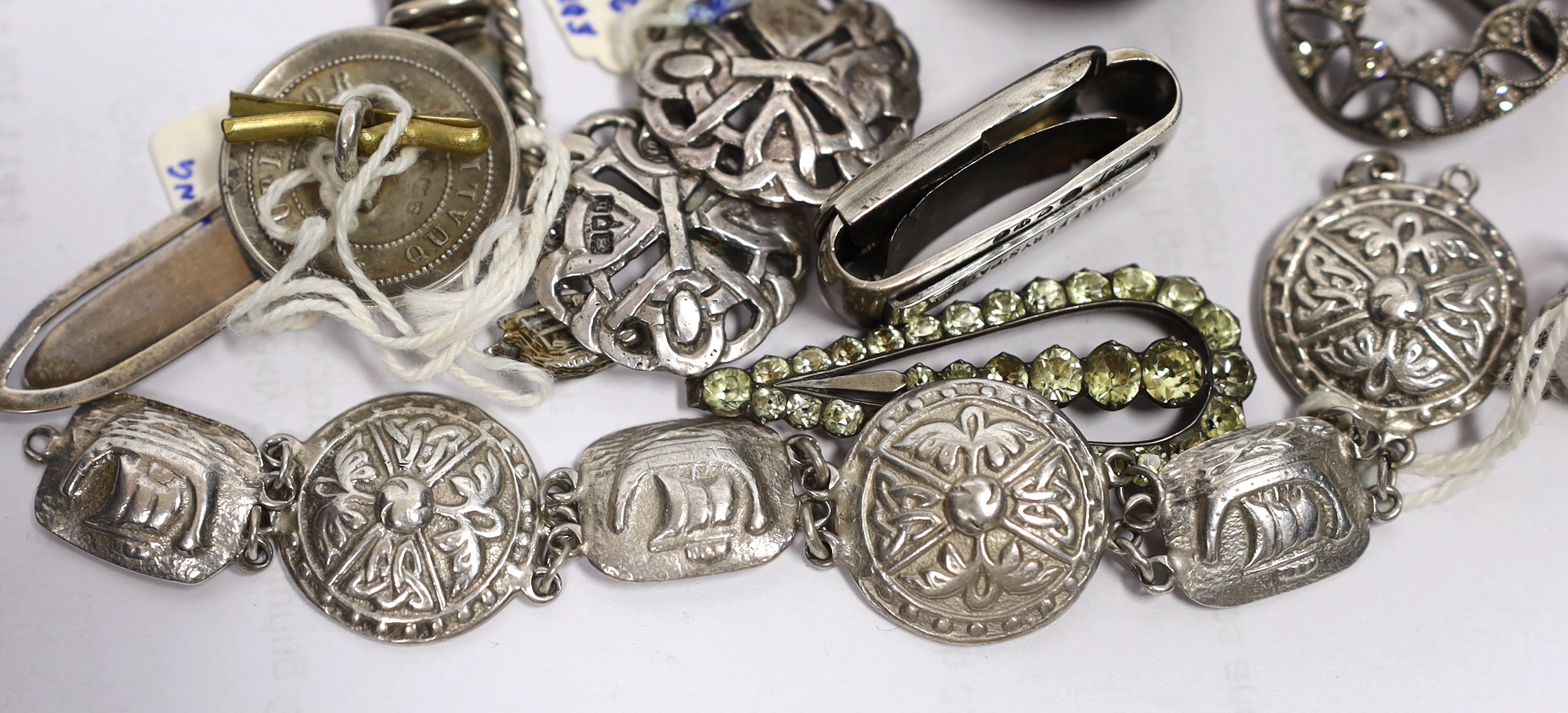 A pair of paste set 925 shoe buckles, 31mm, a George V silver bracelet, a set of four Edwardian silver buttons, two paste set white metal buttons, a Victorian silver patent clip, a Georgian silver candle sconce and eight